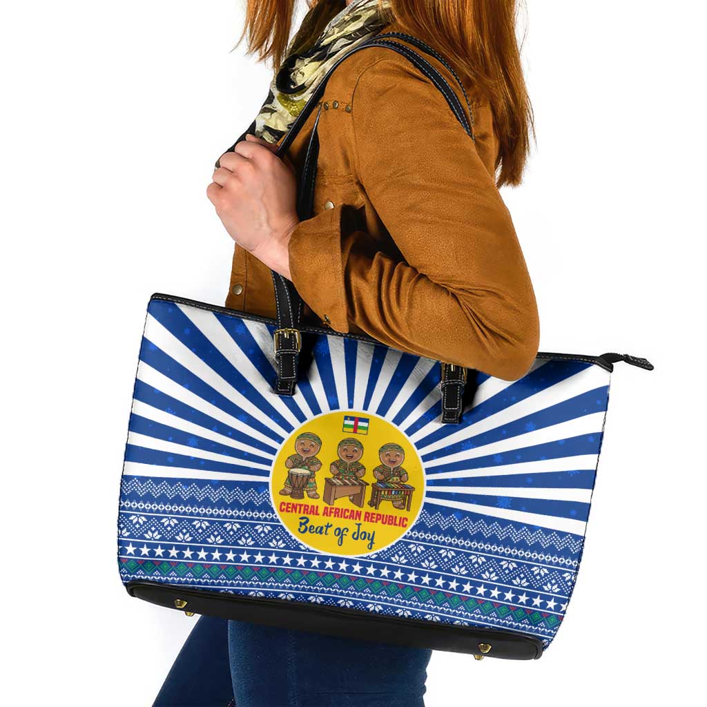 Central African Republic Christmas Leather Tote Bag with Drumming Kids Beat of Joy Tribal Pattern and Snowflakes - Wonder Print Shop