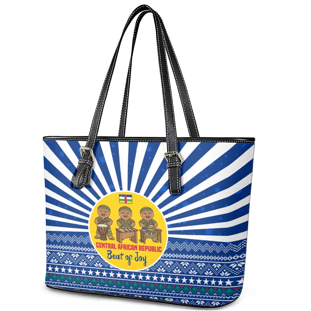 Central African Republic Christmas Leather Tote Bag with Drumming Kids Beat of Joy Tribal Pattern and Snowflakes - Wonder Print Shop