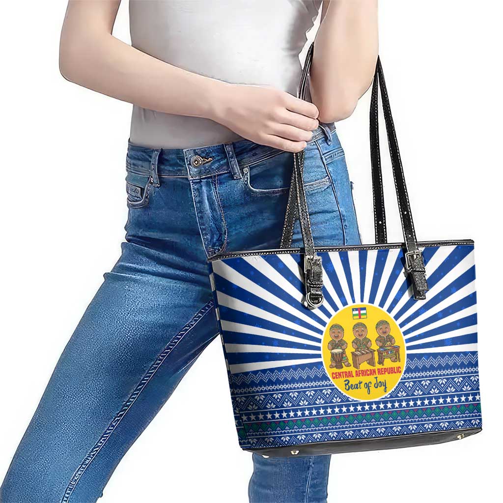Central African Republic Christmas Leather Tote Bag with Drumming Kids Beat of Joy Tribal Pattern and Snowflakes - Wonder Print Shop