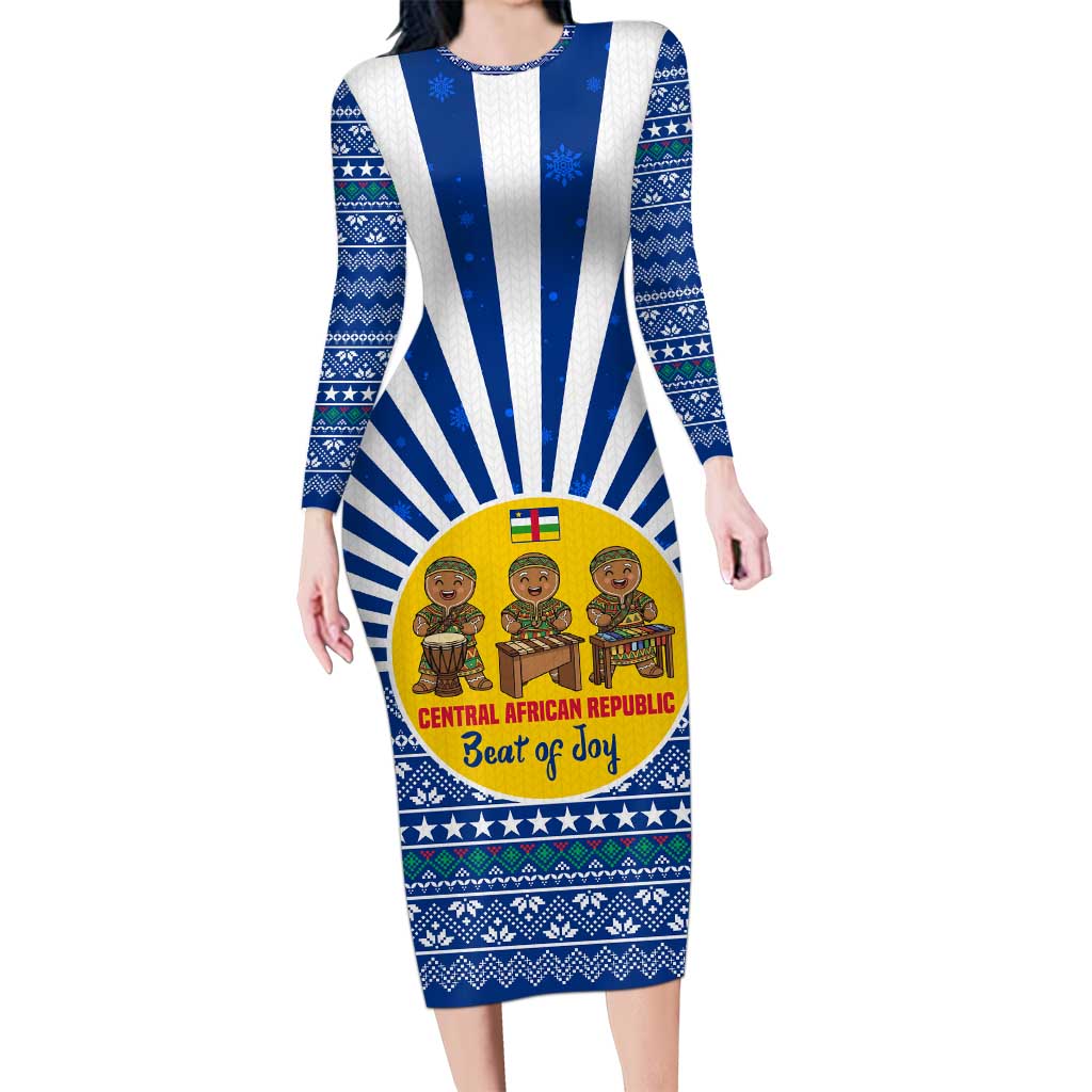 Central African Republic Christmas Long Sleeve Bodycon Dress with Drumming Kids Beat of Joy Tribal Pattern and Snowflakes - Wonder Print Shop