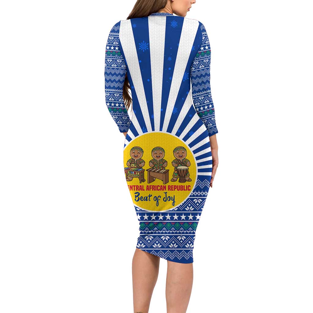 Central African Republic Christmas Long Sleeve Bodycon Dress with Drumming Kids Beat of Joy Tribal Pattern and Snowflakes - Wonder Print Shop
