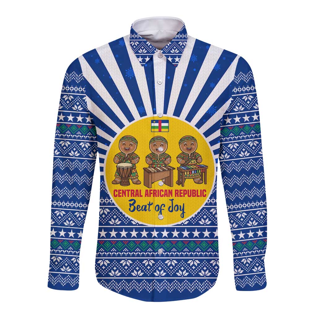 Central African Republic Christmas Long Sleeve Button Shirt with Drumming Kids Beat of Joy Tribal Pattern and Snowflakes - Wonder Print Shop