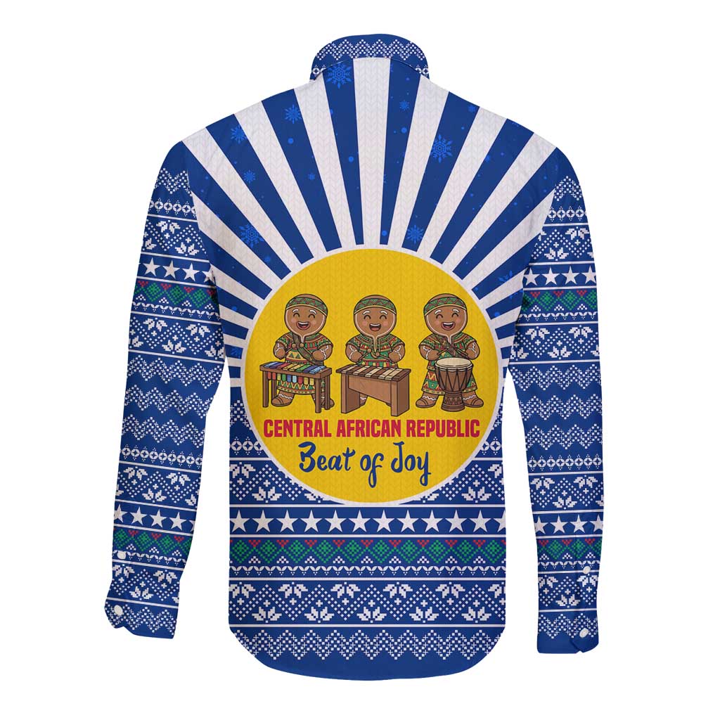 Central African Republic Christmas Long Sleeve Button Shirt with Drumming Kids Beat of Joy Tribal Pattern and Snowflakes - Wonder Print Shop