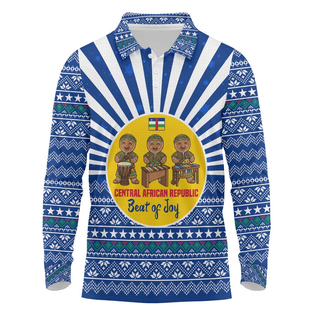 Central African Republic Christmas Long Sleeve Polo Shirt with Drumming Kids Beat of Joy Tribal Pattern and Snowflakes - Wonder Print Shop
