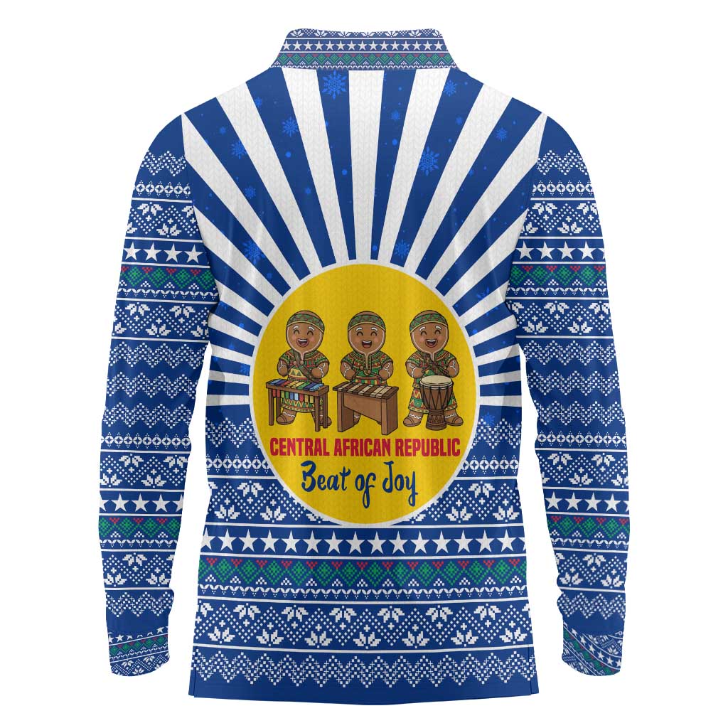Central African Republic Christmas Long Sleeve Polo Shirt with Drumming Kids Beat of Joy Tribal Pattern and Snowflakes - Wonder Print Shop