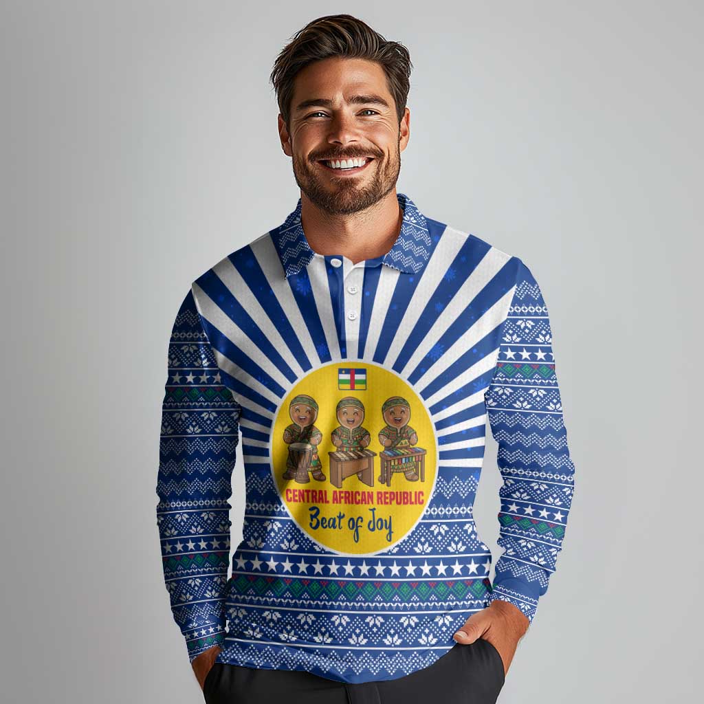 Central African Republic Christmas Long Sleeve Polo Shirt with Drumming Kids Beat of Joy Tribal Pattern and Snowflakes - Wonder Print Shop