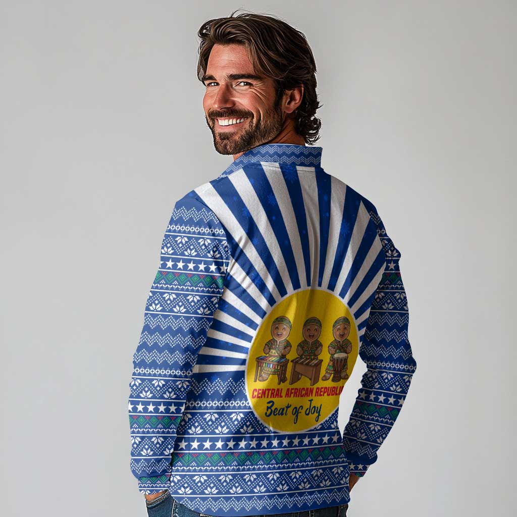 Central African Republic Christmas Long Sleeve Polo Shirt with Drumming Kids Beat of Joy Tribal Pattern and Snowflakes - Wonder Print Shop