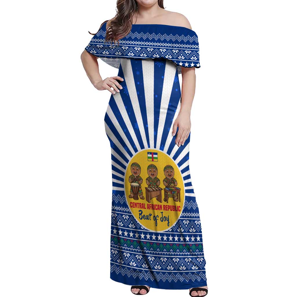 Central African Republic Christmas Off Shoulder Maxi Dress with Drumming Kids Beat of Joy Tribal Pattern and Snowflakes - Wonder Print Shop