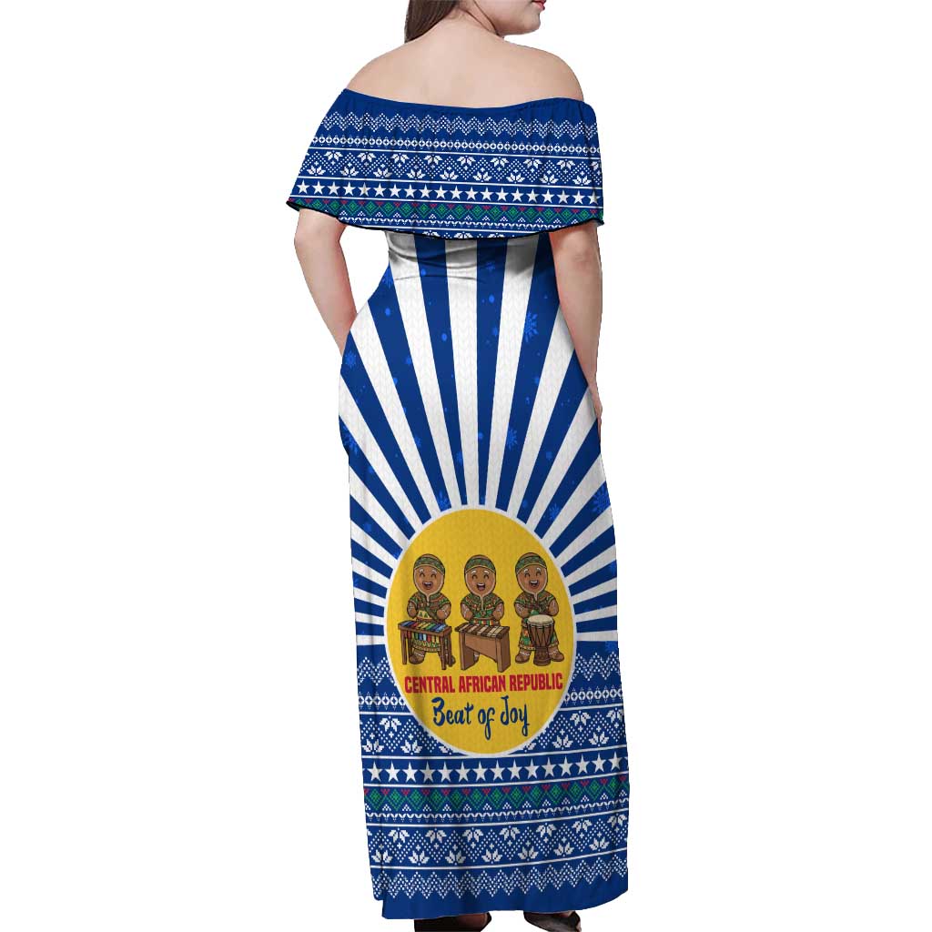 Central African Republic Christmas Off Shoulder Maxi Dress with Drumming Kids Beat of Joy Tribal Pattern and Snowflakes - Wonder Print Shop