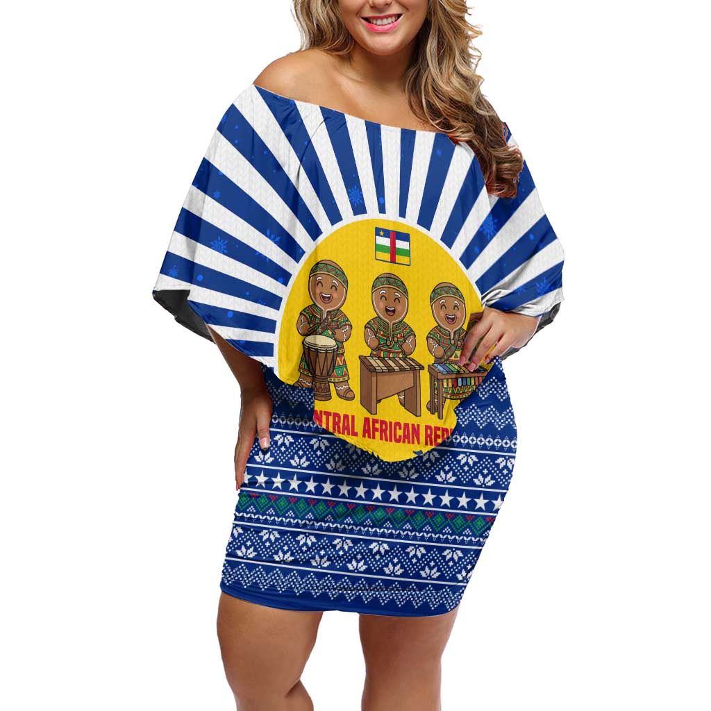 Central African Republic Christmas Off Shoulder Short Dress with Drumming Kids Beat of Joy Tribal Pattern and Snowflakes - Wonder Print Shop