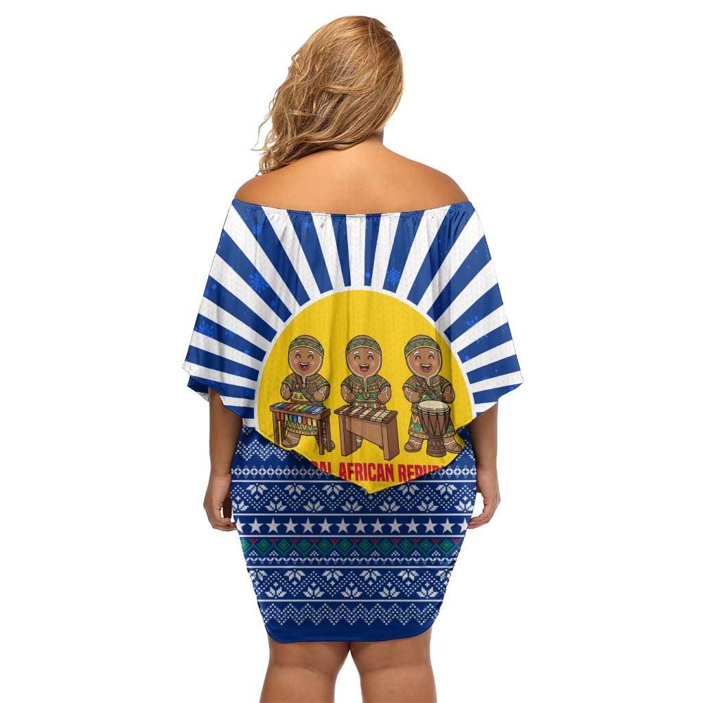 Central African Republic Christmas Off Shoulder Short Dress with Drumming Kids Beat of Joy Tribal Pattern and Snowflakes - Wonder Print Shop