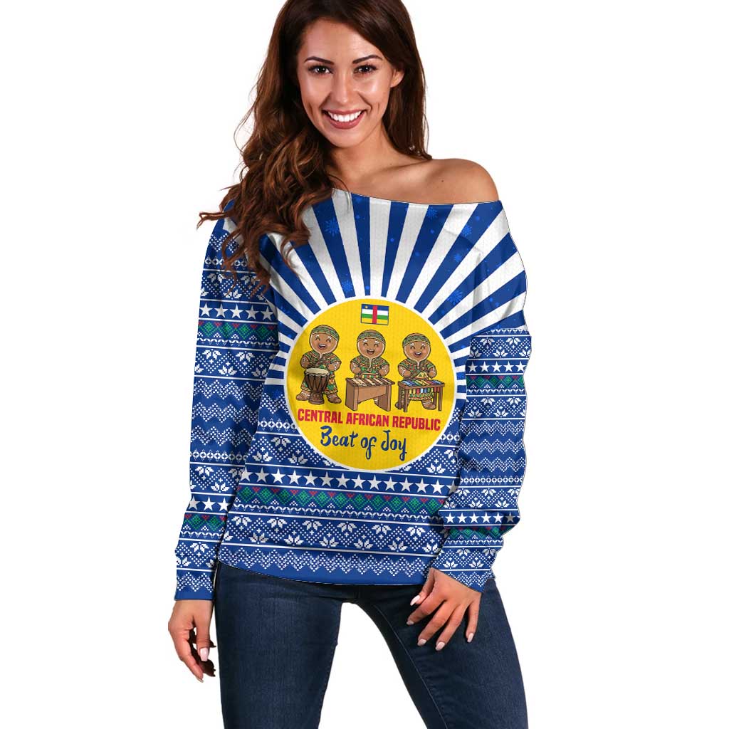 Central African Republic Christmas Off Shoulder Sweater with Drumming Kids Beat of Joy Tribal Pattern and Snowflakes - Wonder Print Shop