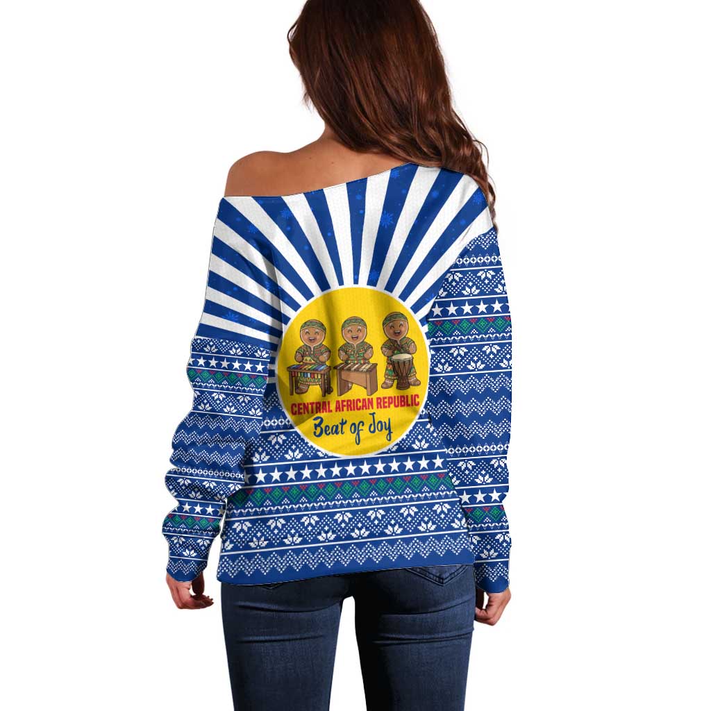 Central African Republic Christmas Off Shoulder Sweater with Drumming Kids Beat of Joy Tribal Pattern and Snowflakes - Wonder Print Shop