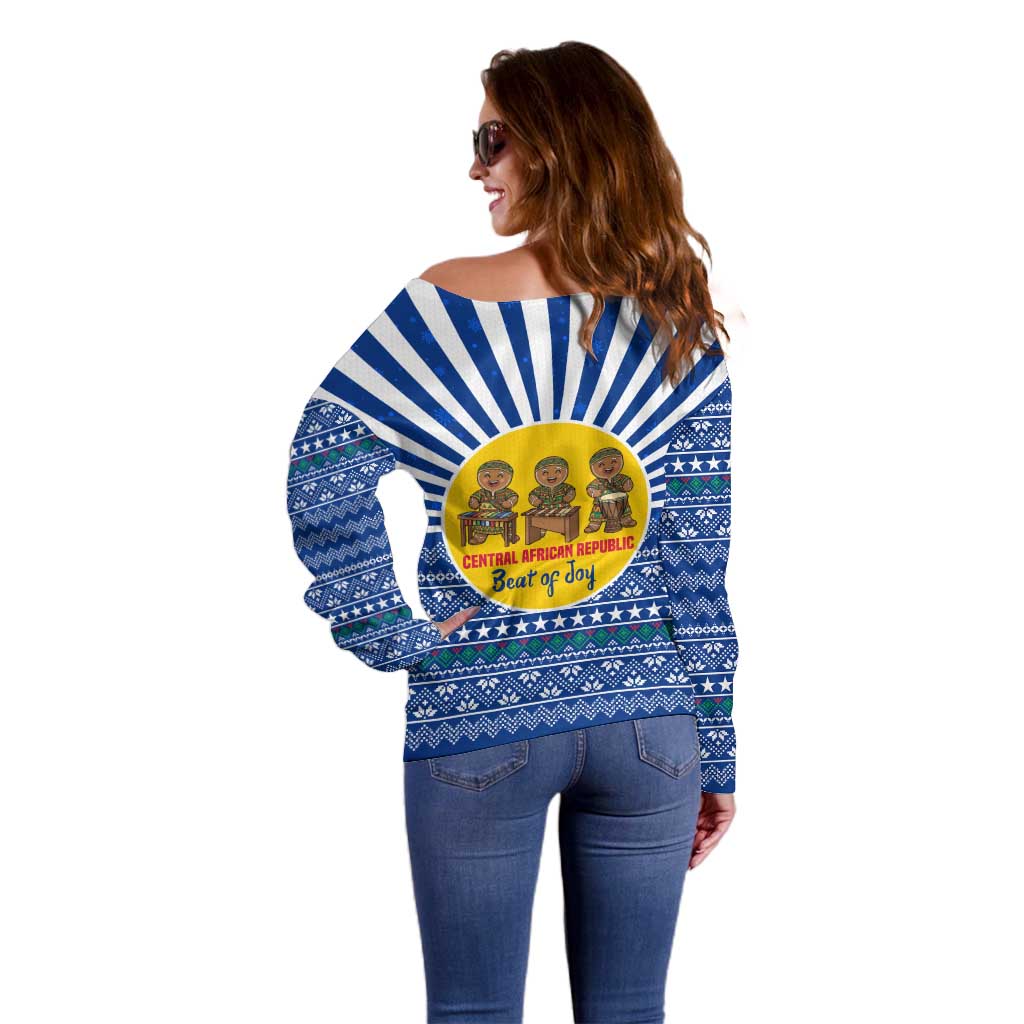 Central African Republic Christmas Off Shoulder Sweater with Drumming Kids Beat of Joy Tribal Pattern and Snowflakes - Wonder Print Shop