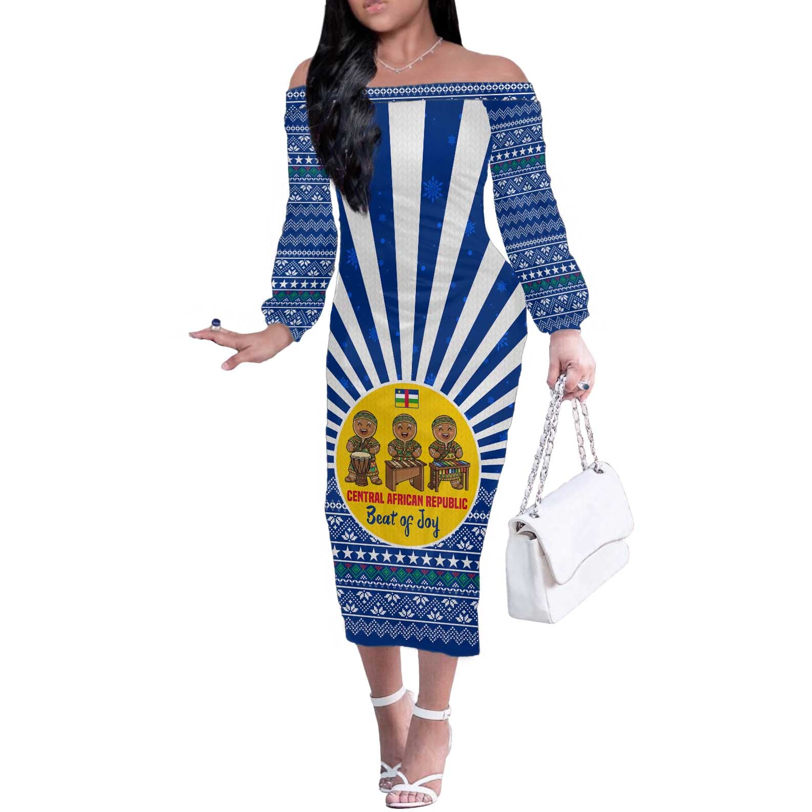 Central African Republic Christmas Off The Shoulder Long Sleeve Dress with Drumming Kids Beat of Joy Tribal Pattern and Snowflakes - Wonder Print Shop