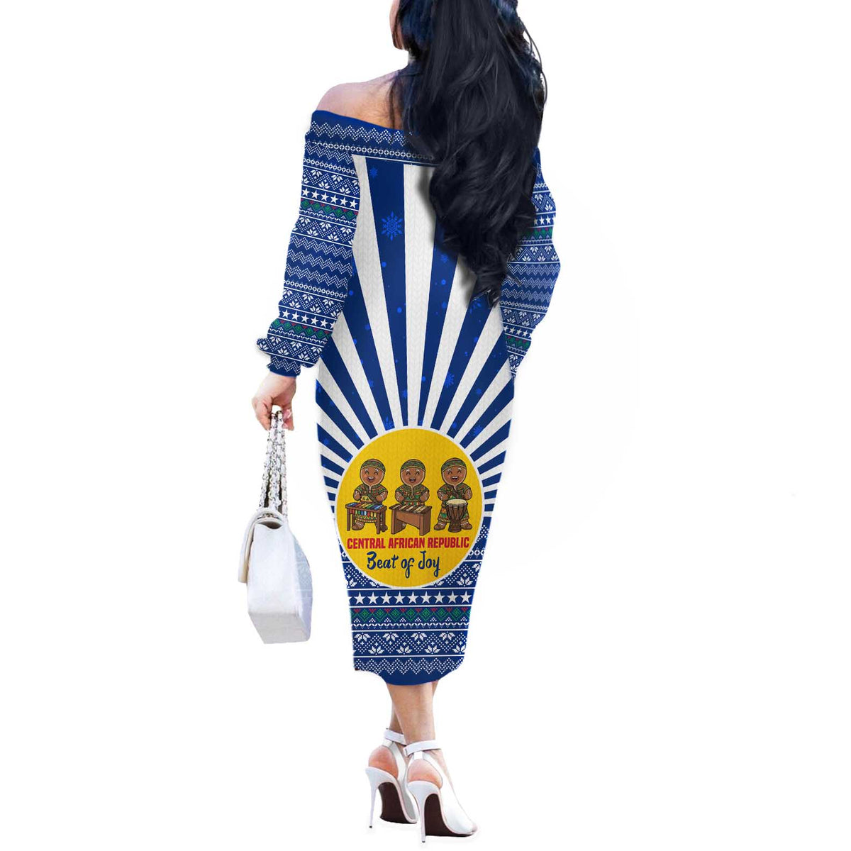 Central African Republic Christmas Off The Shoulder Long Sleeve Dress with Drumming Kids Beat of Joy Tribal Pattern and Snowflakes - Wonder Print Shop