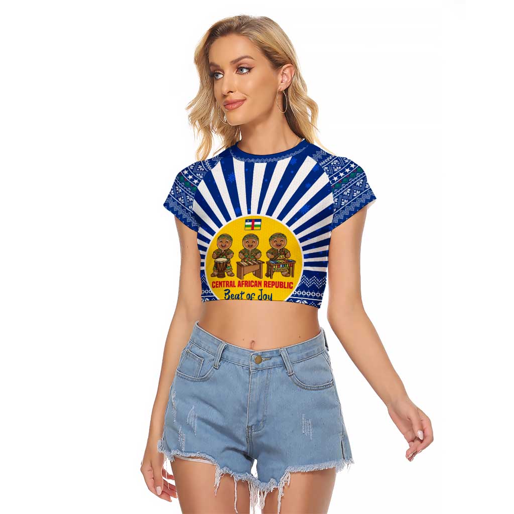 Central African Republic Christmas Raglan Cropped T Shirt with Drumming Kids Beat of Joy Tribal Pattern and Snowflakes - Wonder Print Shop