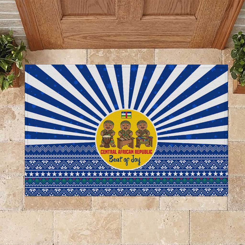 Central African Republic Christmas Rubber Doormat with Drumming Kids Beat of Joy Tribal Pattern and Snowflakes - Wonder Print Shop