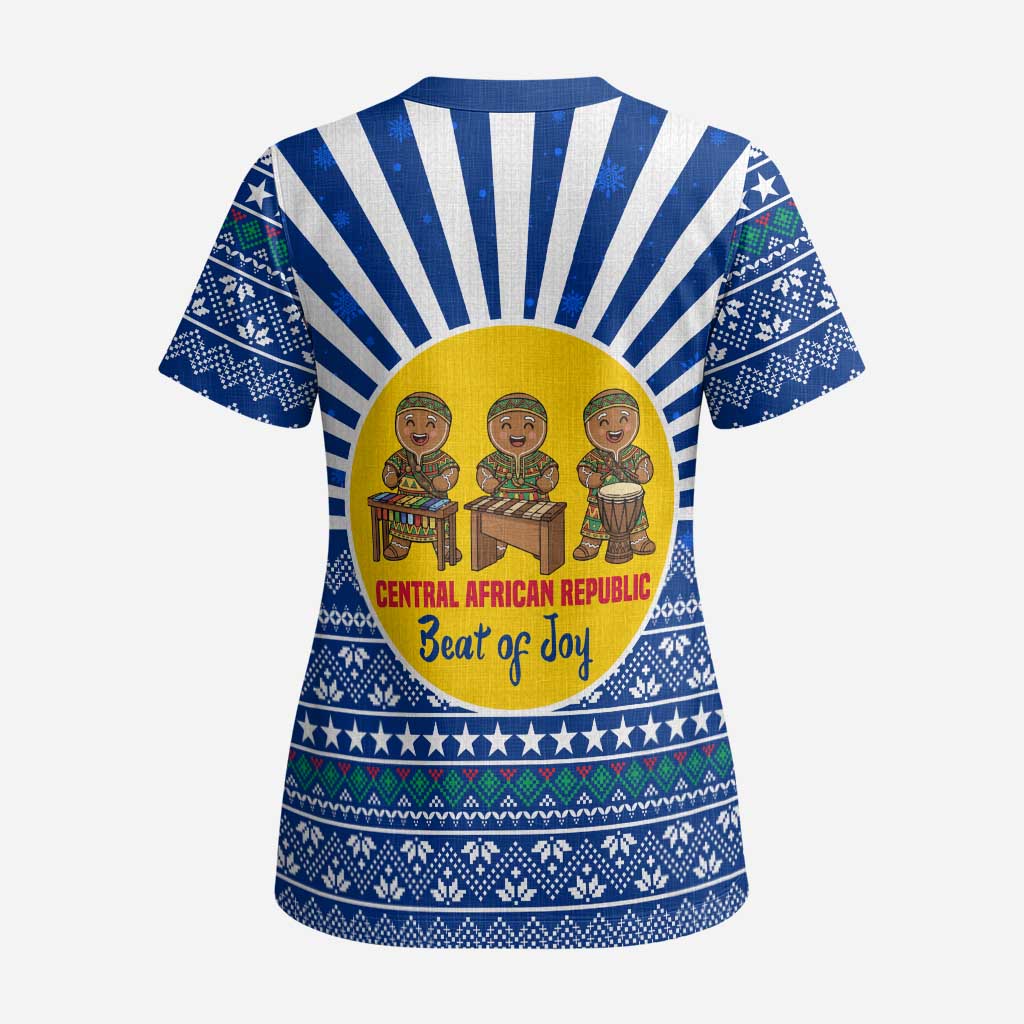 Central African Republic Christmas Scrub Top with Drumming Kids Beat of Joy Tribal Pattern and Snowflakes - Wonder Print Shop