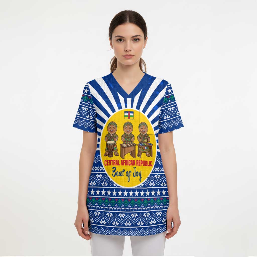 Central African Republic Christmas Scrub Top with Drumming Kids Beat of Joy Tribal Pattern and Snowflakes - Wonder Print Shop