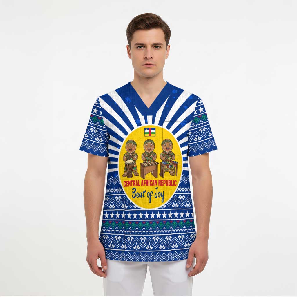 Central African Republic Christmas Scrub Top with Drumming Kids Beat of Joy Tribal Pattern and Snowflakes - Wonder Print Shop