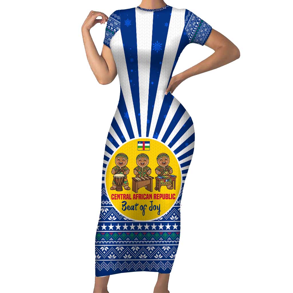 Central African Republic Christmas Short Sleeve Bodycon Dress with Drumming Kids Beat of Joy Tribal Pattern and Snowflakes - Wonder Print Shop
