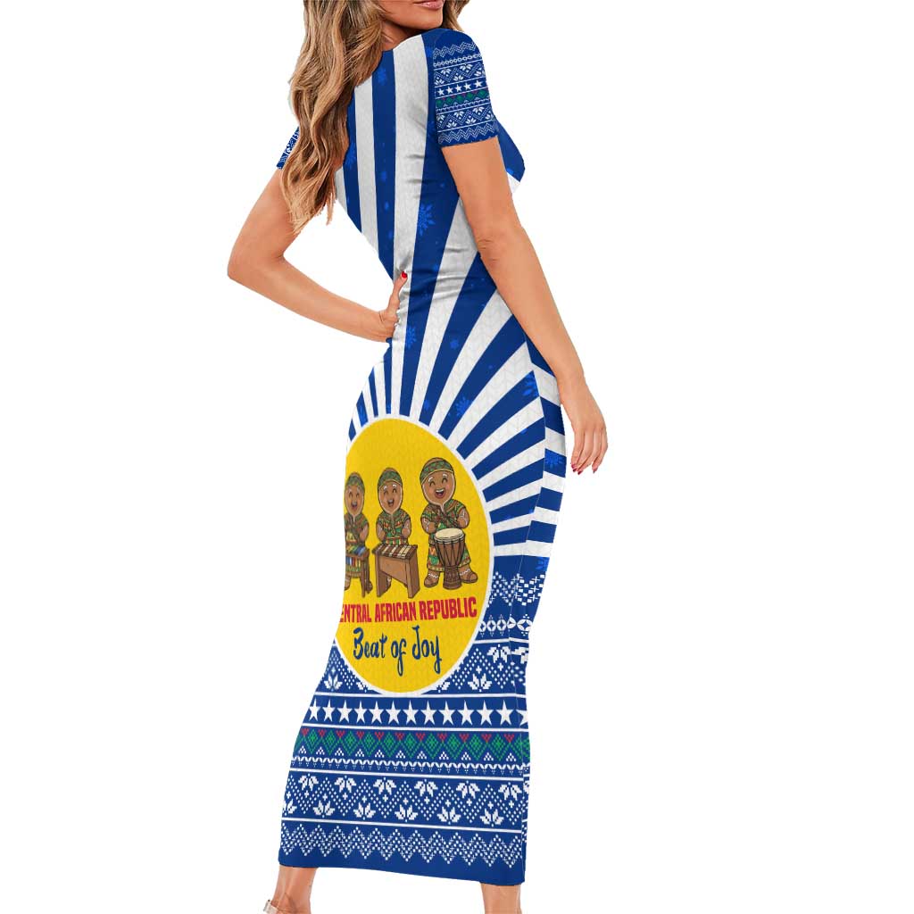 Central African Republic Christmas Short Sleeve Bodycon Dress with Drumming Kids Beat of Joy Tribal Pattern and Snowflakes - Wonder Print Shop