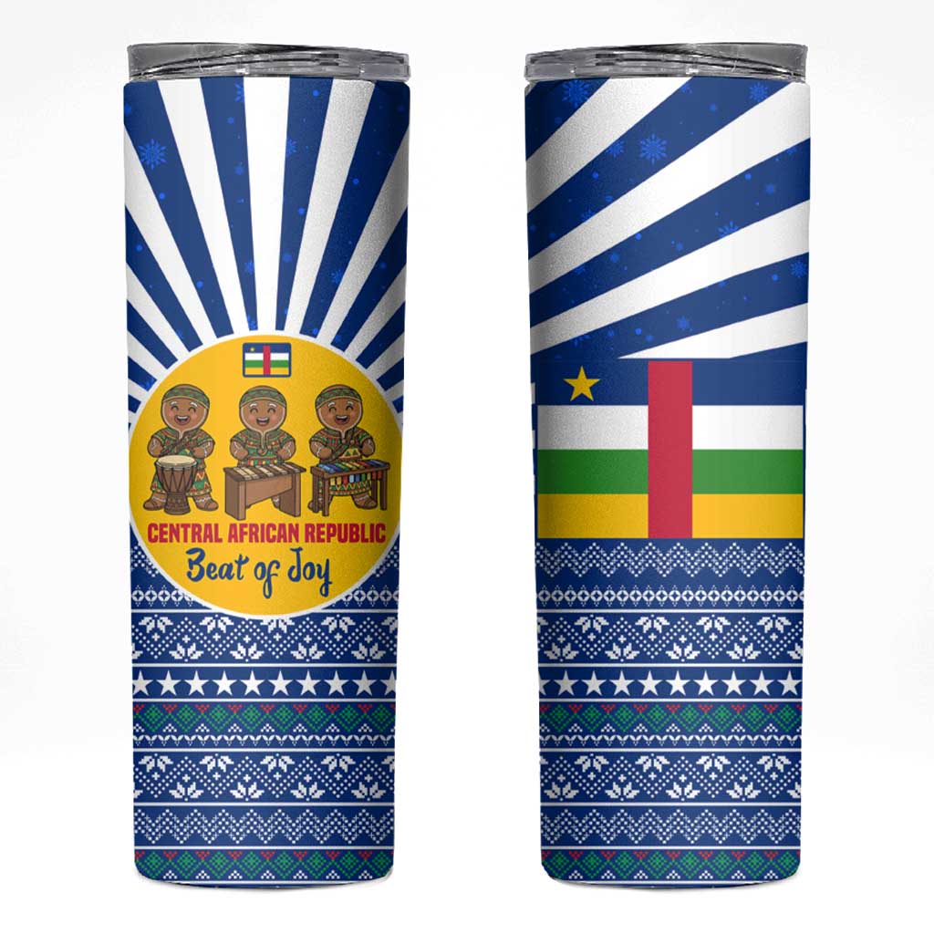 Central African Republic Christmas Skinny Tumbler with Drumming Kids Beat of Joy Tribal Pattern and Snowflakes - Wonder Print Shop