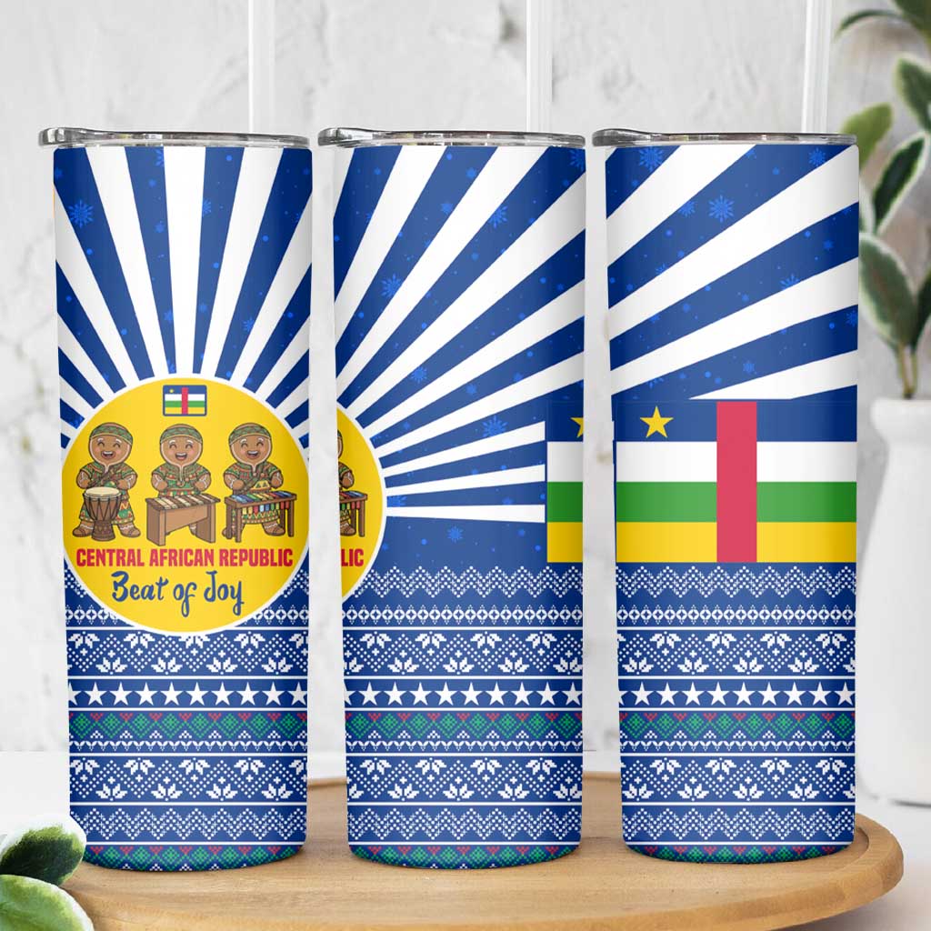 Central African Republic Christmas Skinny Tumbler with Drumming Kids Beat of Joy Tribal Pattern and Snowflakes - Wonder Print Shop