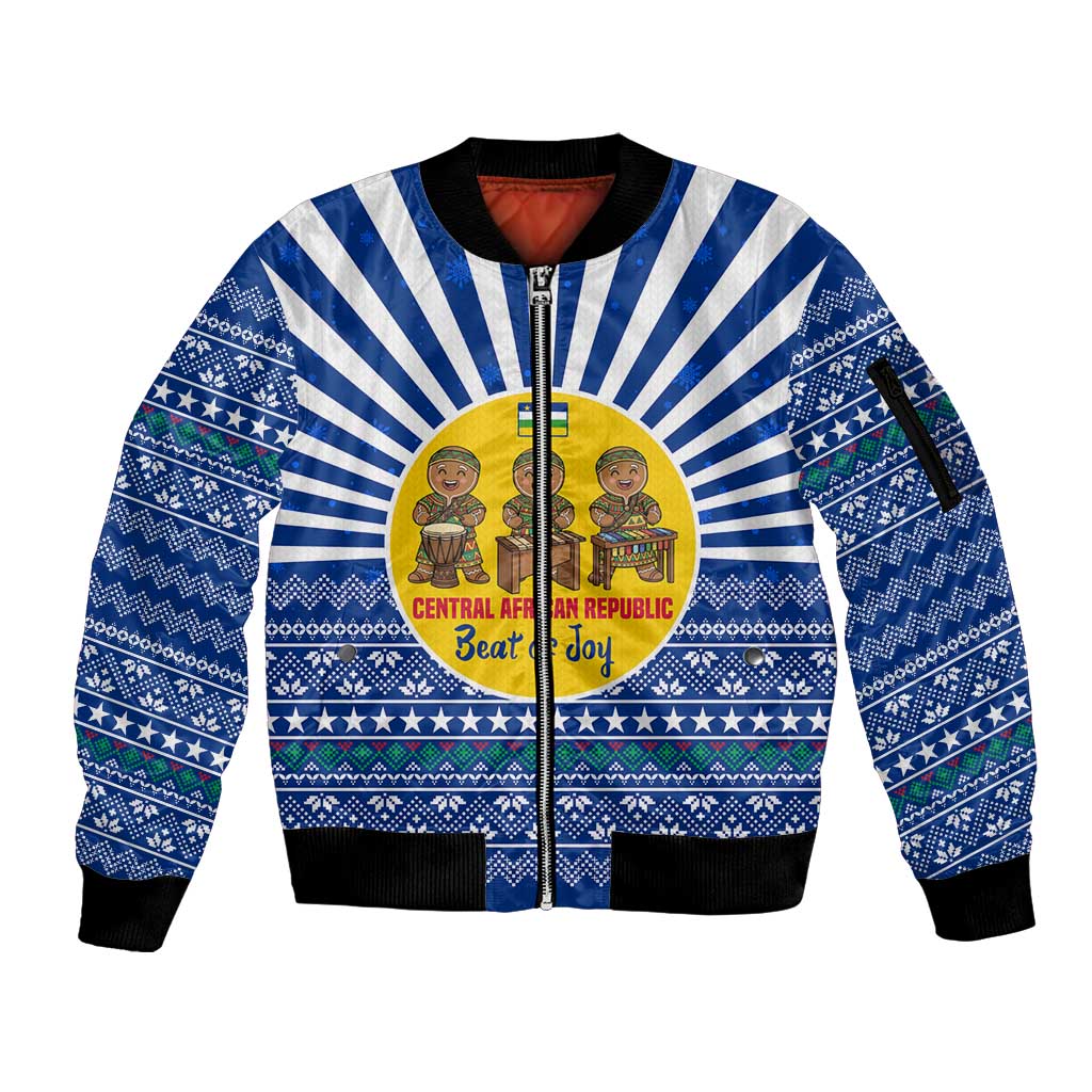 Central African Republic Christmas Sleeve Zip Bomber Jacket with Drumming Kids Beat of Joy Tribal Pattern and Snowflakes - Wonder Print Shop