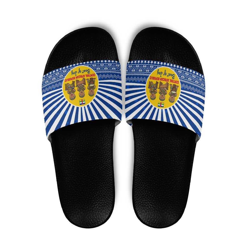Central African Republic Christmas Slide Sandals with Drumming Kids Beat of Joy Tribal Pattern and Snowflakes - Wonder Print Shop
