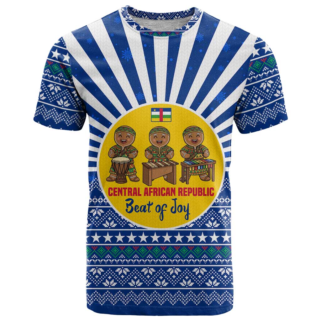 Central African Republic Christmas T Shirt with Drumming Kids Beat of Joy Tribal Pattern and Snowflakes - Wonder Print Shop