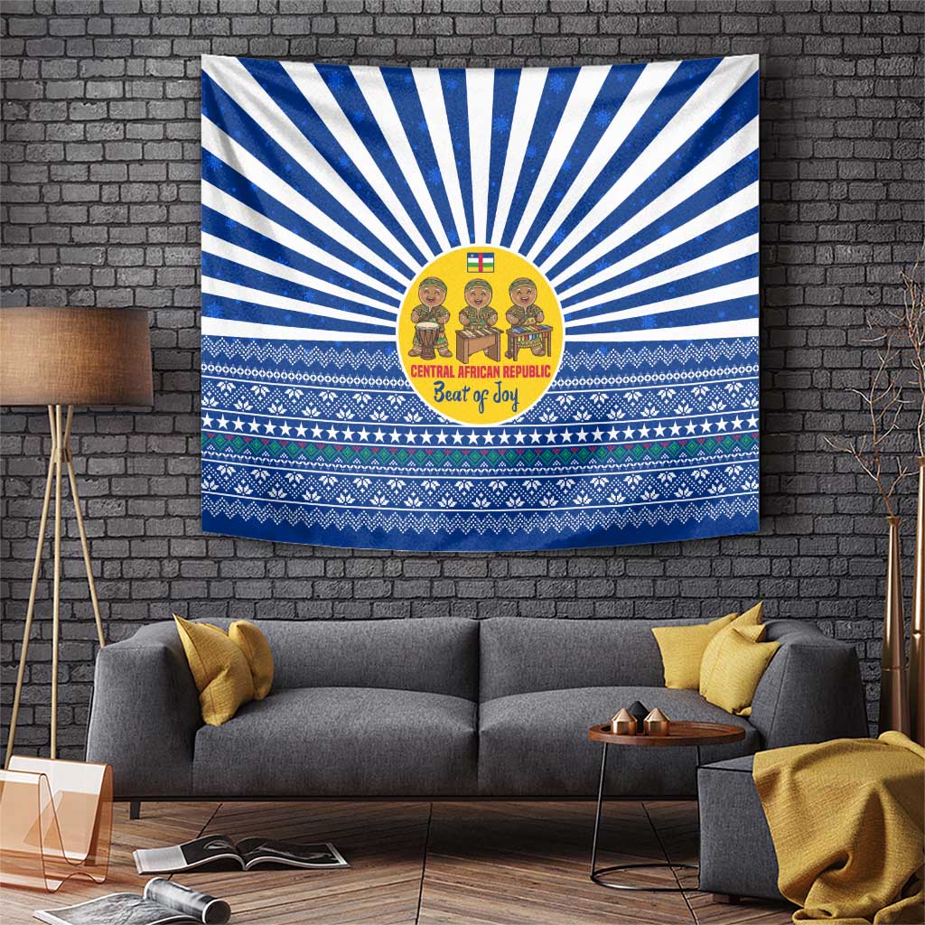Central African Republic Christmas Tapestry with Drumming Kids Beat of Joy Tribal Pattern and Snowflakes - Wonder Print Shop