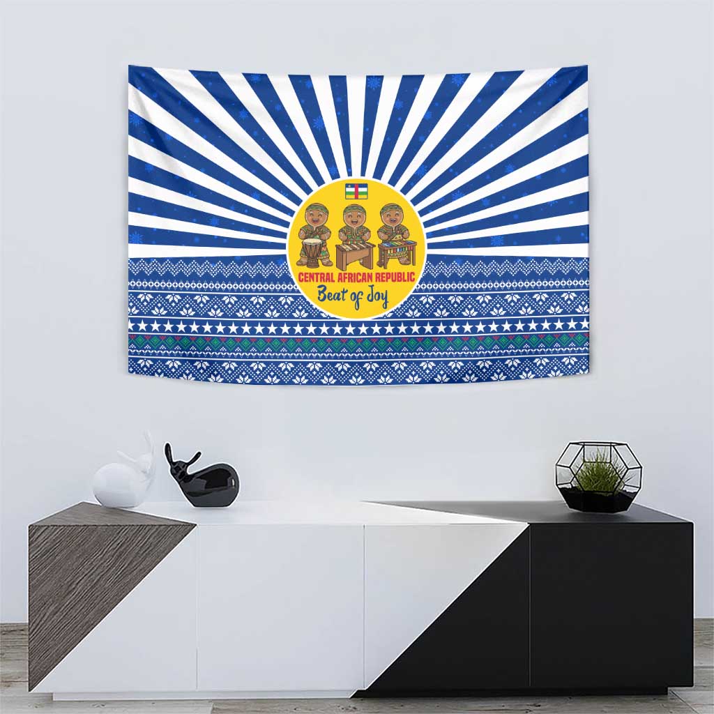 Central African Republic Christmas Tapestry with Drumming Kids Beat of Joy Tribal Pattern and Snowflakes - Wonder Print Shop