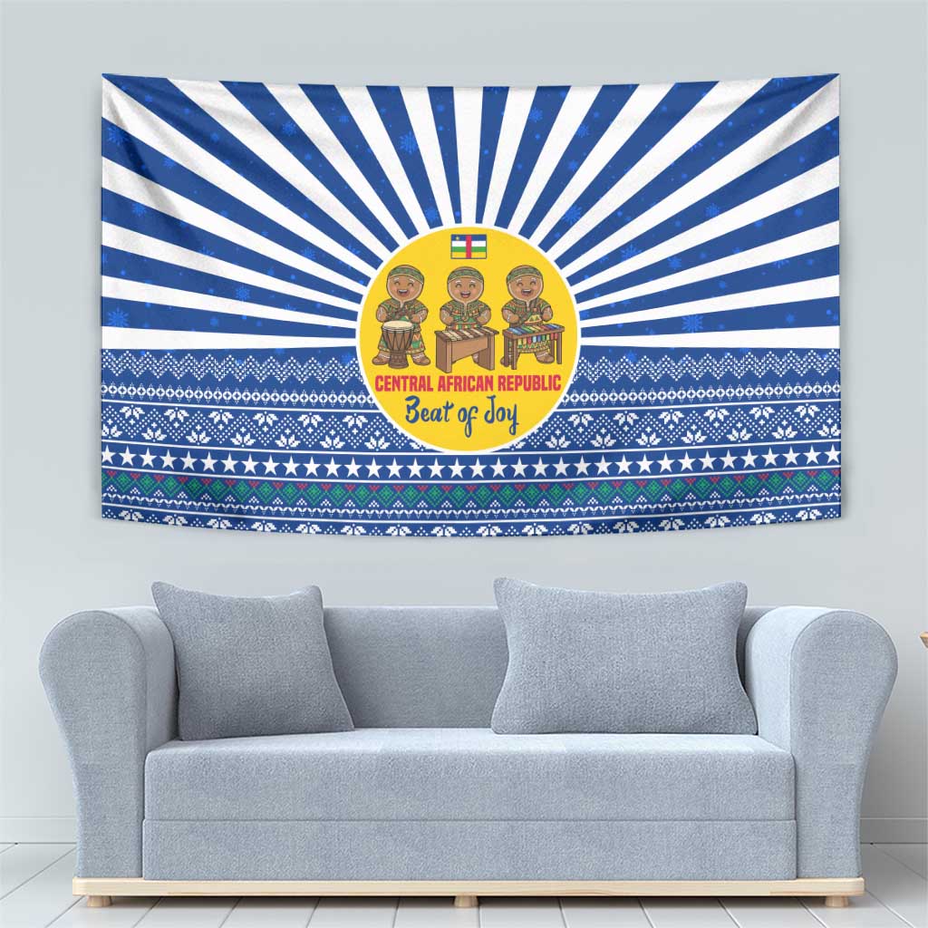 Central African Republic Christmas Tapestry with Drumming Kids Beat of Joy Tribal Pattern and Snowflakes - Wonder Print Shop