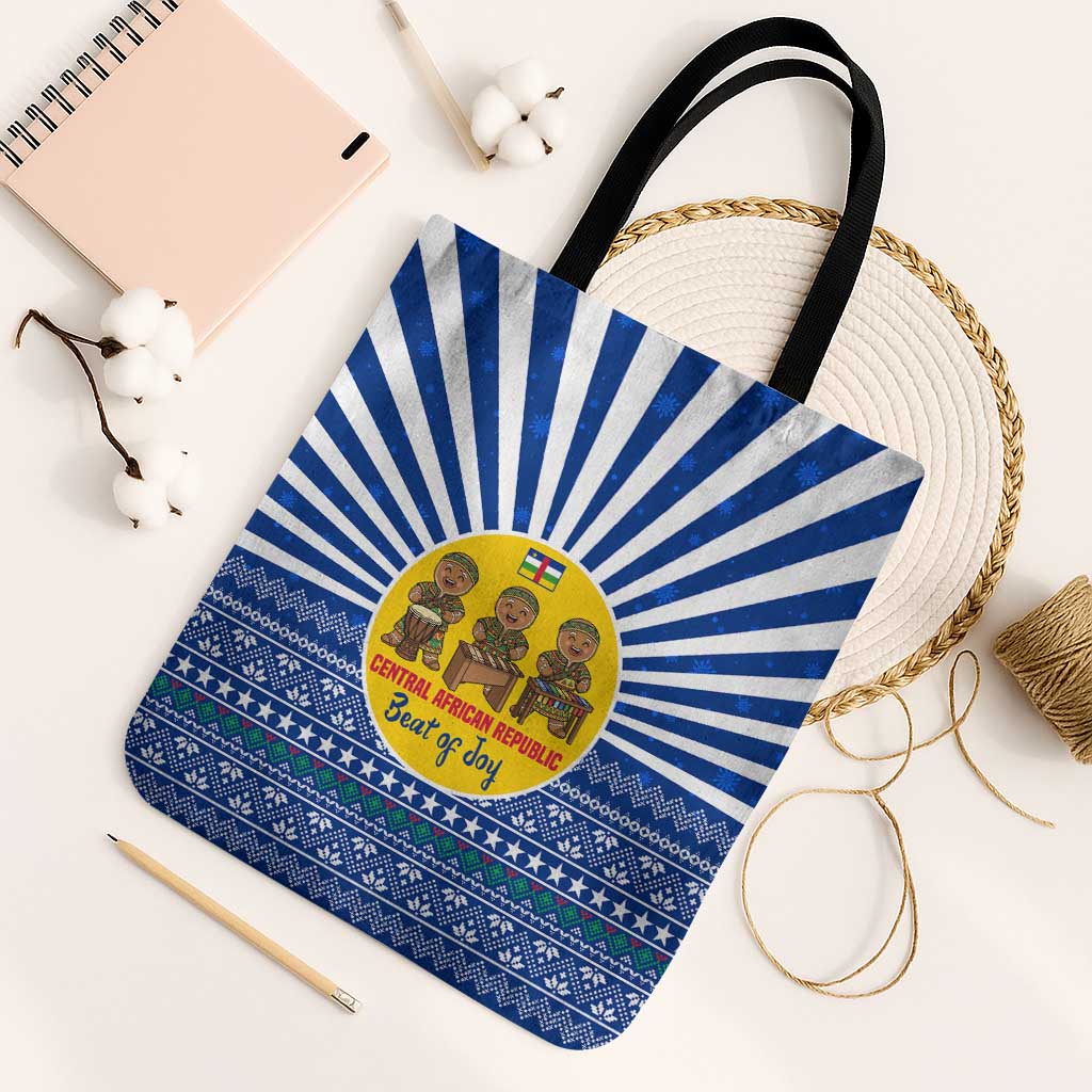 Central African Republic Christmas Tote Bag with Drumming Kids Beat of Joy Tribal Pattern and Snowflakes - Wonder Print Shop