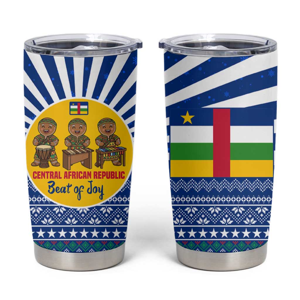 Central African Republic Christmas Tumbler Cup with Drumming Kids Beat of Joy Tribal Pattern and Snowflakes - Wonder Print Shop