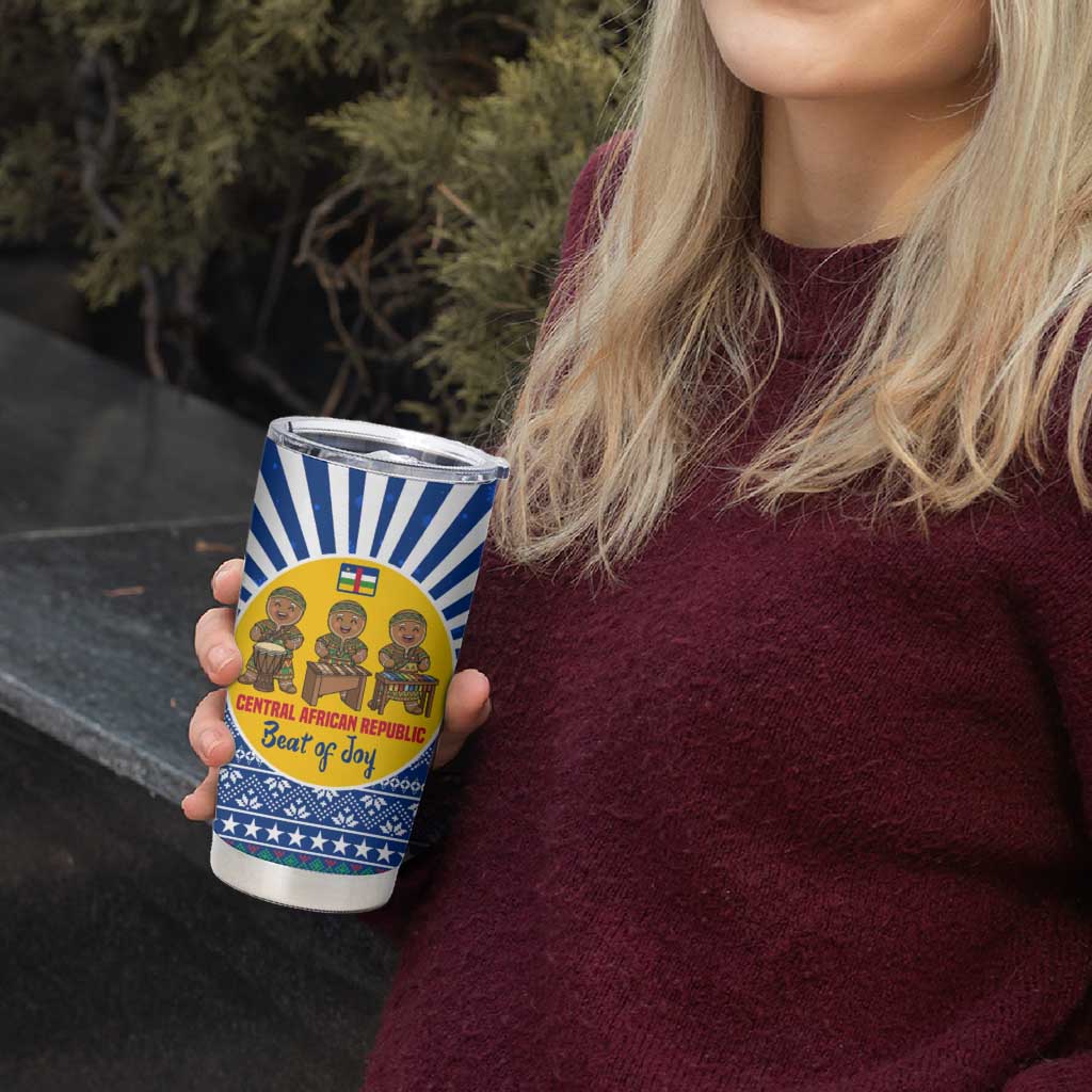 Central African Republic Christmas Tumbler Cup with Drumming Kids Beat of Joy Tribal Pattern and Snowflakes - Wonder Print Shop