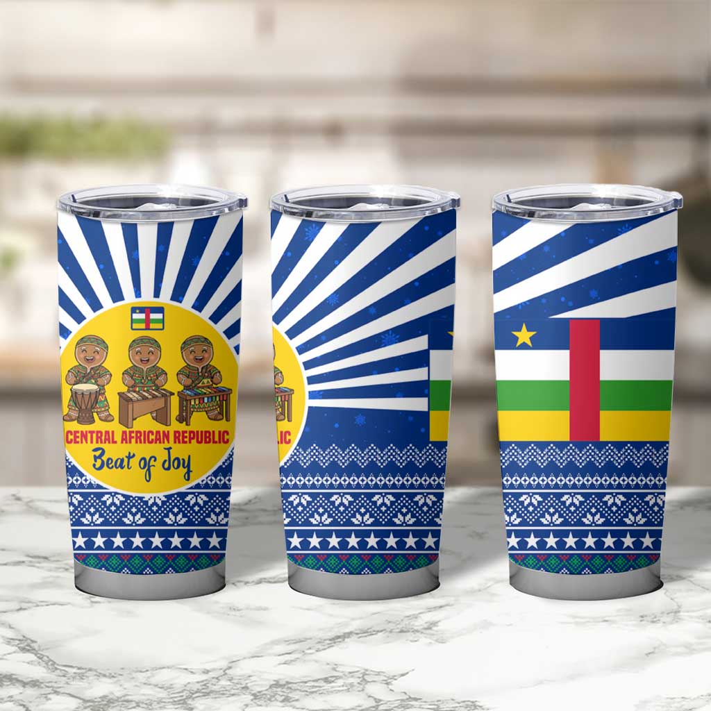 Central African Republic Christmas Tumbler Cup with Drumming Kids Beat of Joy Tribal Pattern and Snowflakes - Wonder Print Shop