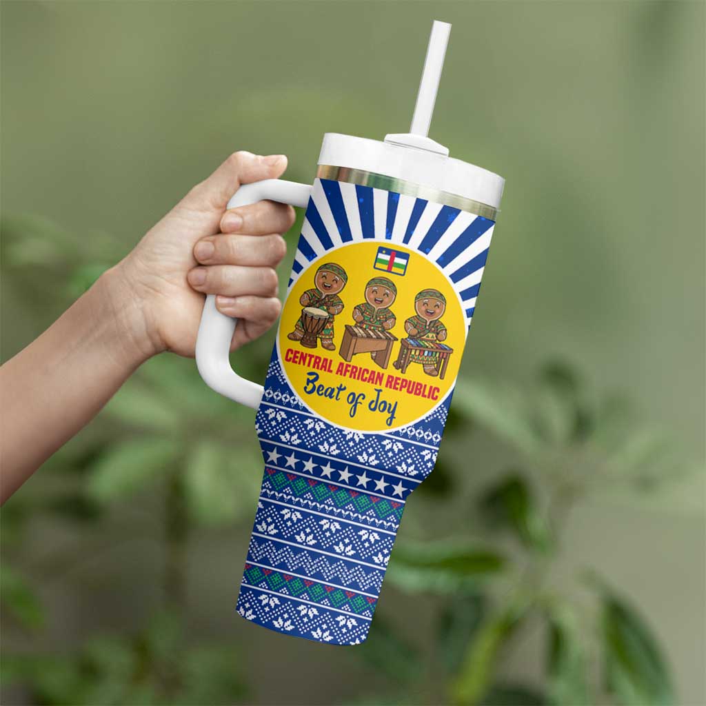 Central African Republic Christmas Tumbler With Handle with Drumming Kids Beat of Joy Tribal Pattern and Snowflakes - Wonder Print Shop