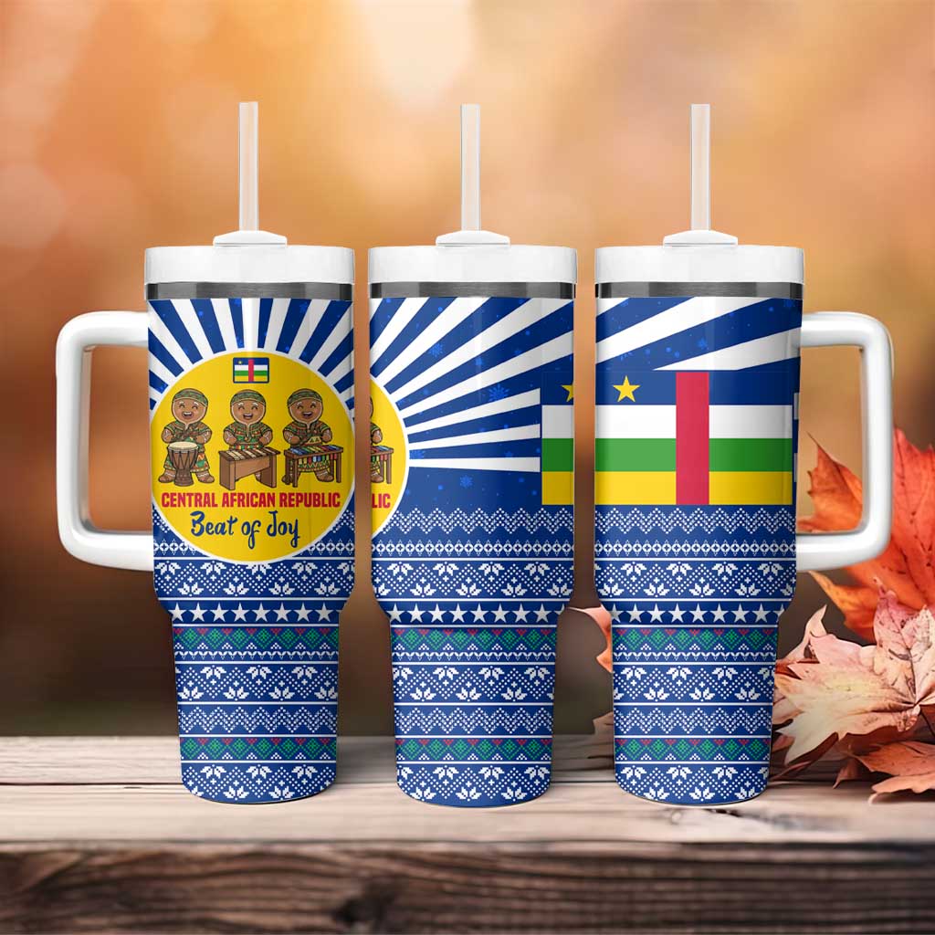 Central African Republic Christmas Tumbler With Handle with Drumming Kids Beat of Joy Tribal Pattern and Snowflakes - Wonder Print Shop