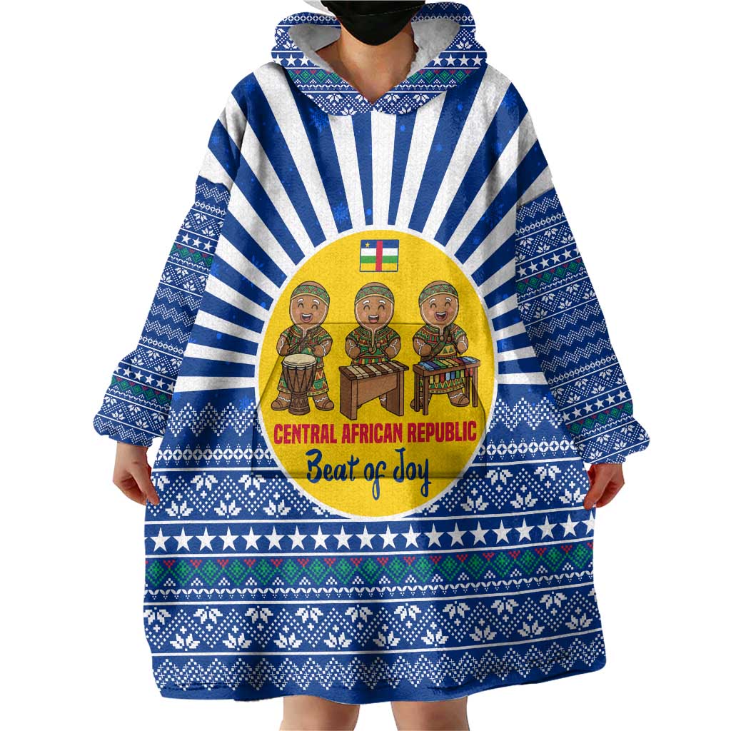 Central African Republic Christmas Wearable Blanket Hoodie with Drumming Kids Beat of Joy Tribal Pattern and Snowflakes - Wonder Print Shop