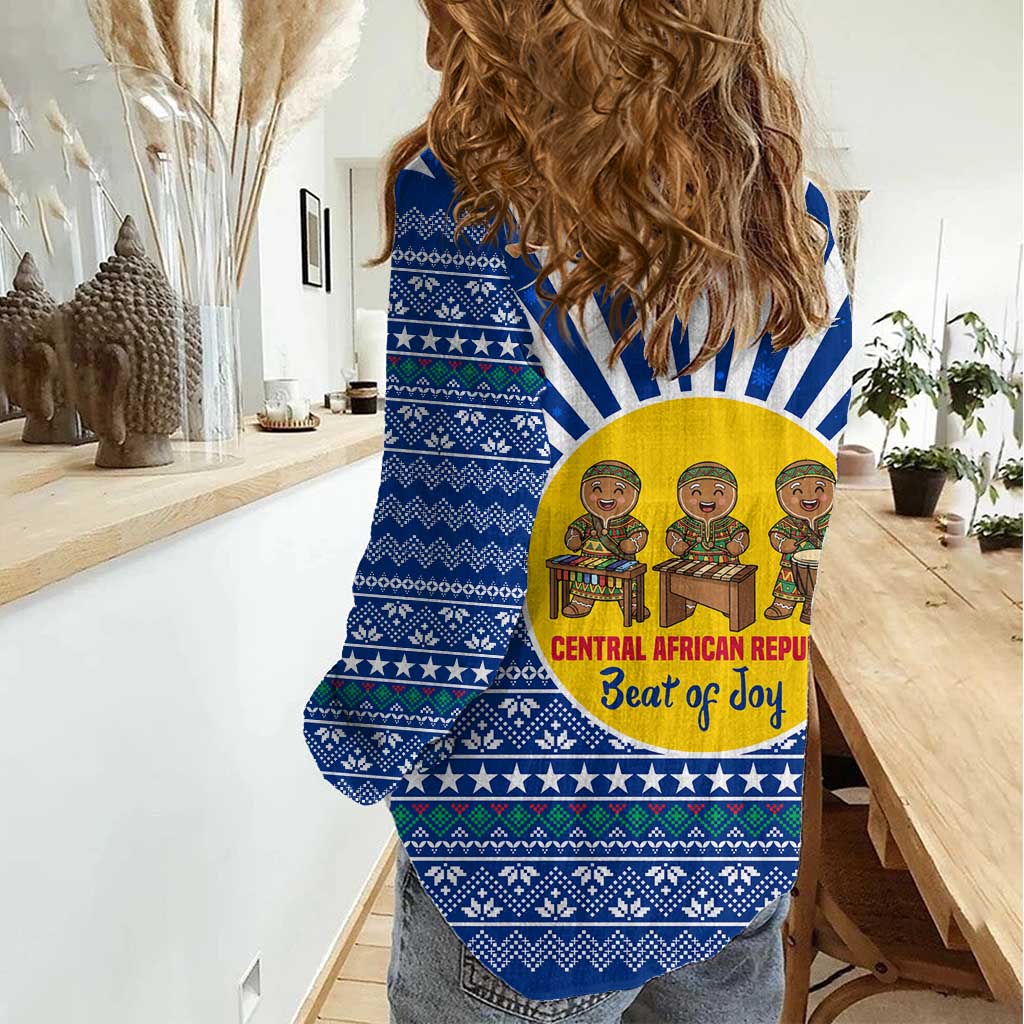Central African Republic Christmas Women Casual Shirt with Drumming Kids Beat of Joy Tribal Pattern and Snowflakes - Wonder Print Shop