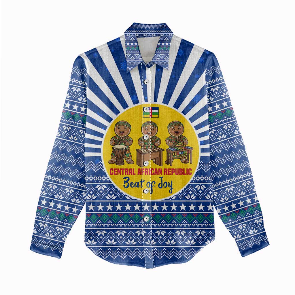 Central African Republic Christmas Women Casual Shirt with Drumming Kids Beat of Joy Tribal Pattern and Snowflakes - Wonder Print Shop