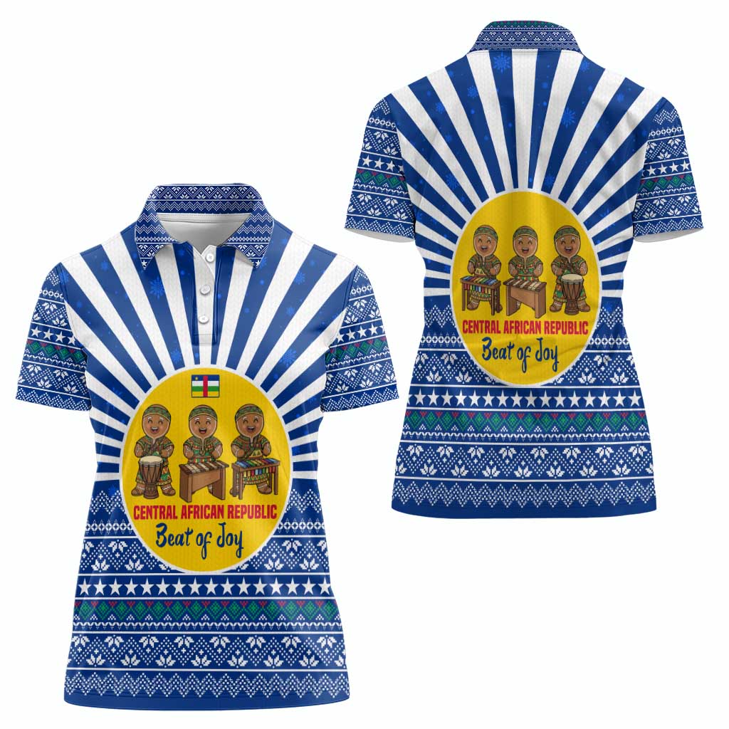 Central African Republic Christmas Women Polo Shirt with Drumming Kids Beat of Joy Tribal Pattern and Snowflakes - Wonder Print Shop