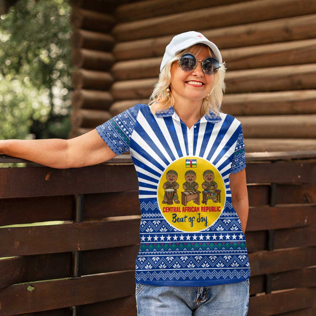 Central African Republic Christmas Women Polo Shirt with Drumming Kids Beat of Joy Tribal Pattern and Snowflakes - Wonder Print Shop