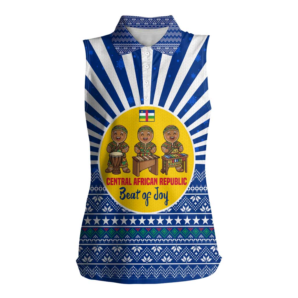 Central African Republic Christmas Women Sleeveless Polo Shirt with Drumming Kids Beat of Joy Tribal Pattern and Snowflakes - Wonder Print Shop