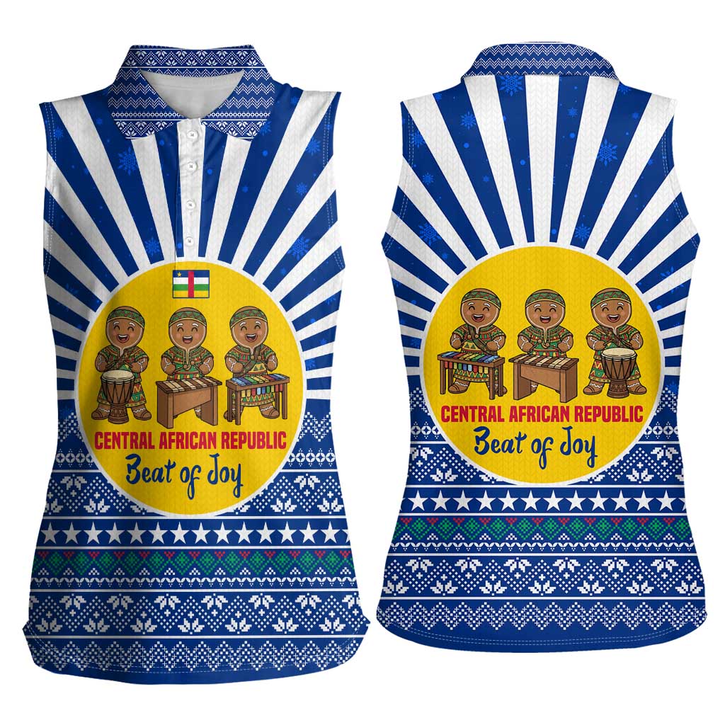 Central African Republic Christmas Women Sleeveless Polo Shirt with Drumming Kids Beat of Joy Tribal Pattern and Snowflakes - Wonder Print Shop