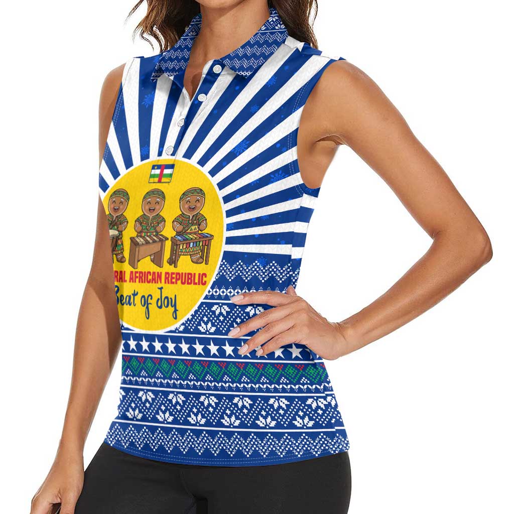 Central African Republic Christmas Women Sleeveless Polo Shirt with Drumming Kids Beat of Joy Tribal Pattern and Snowflakes - Wonder Print Shop