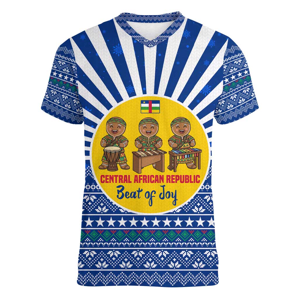 Central African Republic Christmas Women V-Neck T-Shirt with Drumming Kids Beat of Joy Tribal Pattern and Snowflakes - Wonder Print Shop